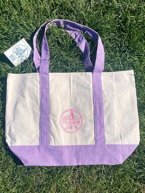 Trader Joe’s Large Canvas Tote 2026 Spring Drop Pink Straps & Purple Embroidery